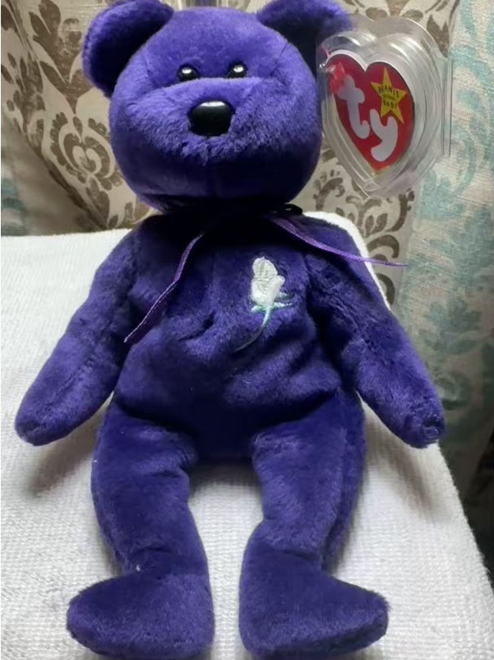 Ty Purple Plush Bear with White Embroidered Feather and Purple Ribbon Tag